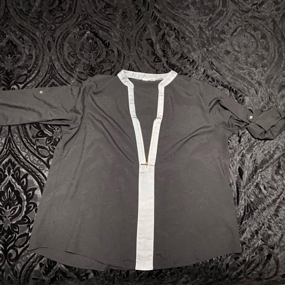 Calvin Klein Black and White Roll Tab Sleeve with Partial Zip Front Blouse